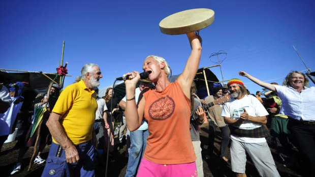 People power: Oonagh Om Shanti leads celebrations at the Bentley protest camp.