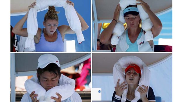 Camila Giorgi of Italy (top left), Maria Sharapova of Russia (top right), Kei Nishikori of Japan (bottom left), and Alize Cornet of France (bottom righ) use ice-packed towels during breaks to cope with the heat.