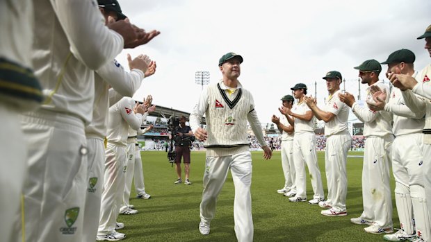 Michael Clarke leaves the ground after his last Test match at the Oval in London in August last year.