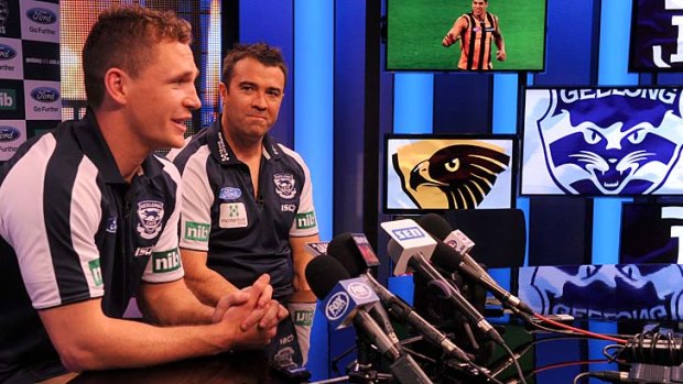 Talk it up: Joel Selwood and Chris Scott answer questions on Monday.