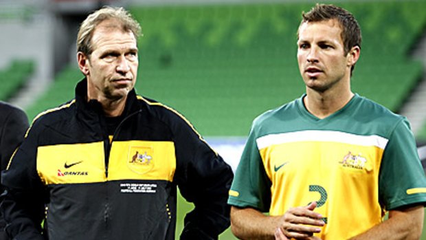 Socceroos coach Pim Verbeek and captain Lucas Neill at a training session at AAMI Park this week.