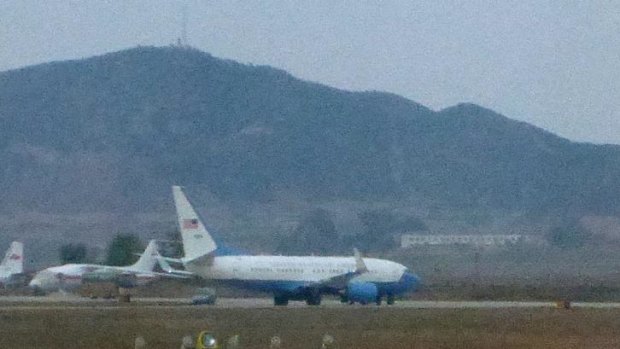 What appears to be a United States Air Force passenger jet parked on the tarmac at Sunan International Airport in Pyongyang on Tuesday, October 21.