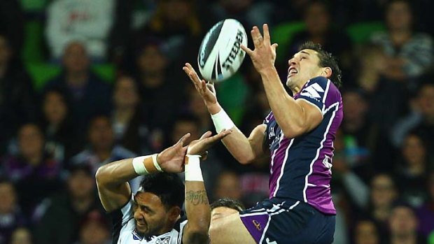 Billy Slater of the Storm takes a high ball during the second preliminary final against the New Zealand Warriors.