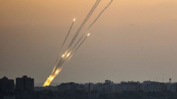 Rockets being fired from the Gaza strip into Israel.