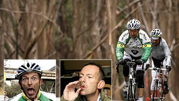 Tony Abbott on the Alpine Way between Khancoban and Thredbo during day five of the Pollie Pedal 2010. Inset: Speaking in tongues (left) and time for some schnapps.