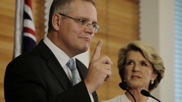 Opposition immigration spokesman Scott Morrison and deputy opposition leader Julie Bishop said a Coalition government would use the Australian navy to turn back asylum seeker boats.