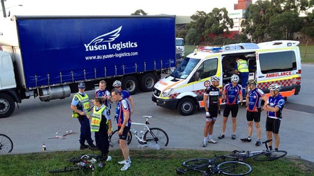 Three injured ... a truck has collided with cyclists in Port Botany.