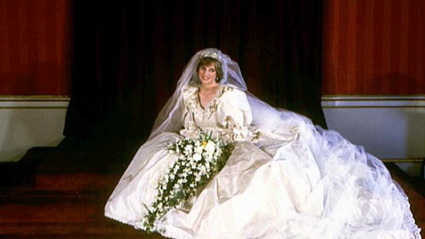 Diana, Princess of Wales, in her wedding dress worn at her wedding to Prince Charles in 1981.