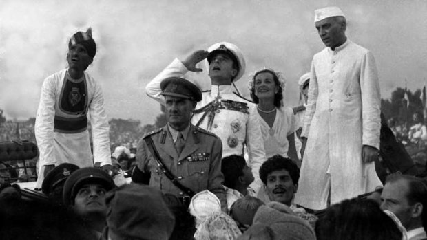 Independence day ... British governor-general Lord Mountbatten, centre, with lady Edwina Mountbatten and Indian prime minister Jawaharlal Nehru on August 15, 1947.