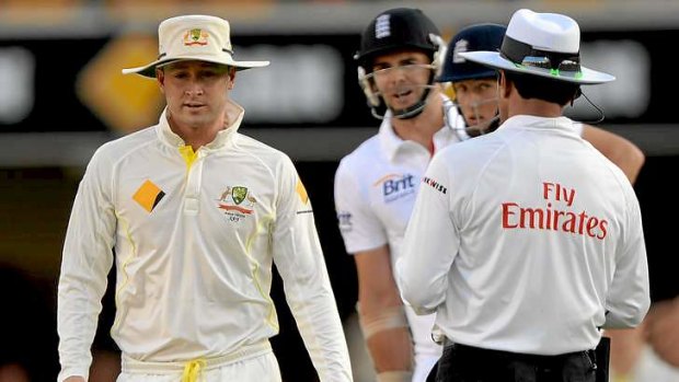 Nasty spat: James Anderson of England has words with Australia captain Michael Clarke.