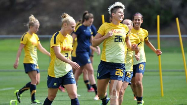 Canberra United striker, Michelle Heyman trains with the Matildas squad at the AIS on Saturday.