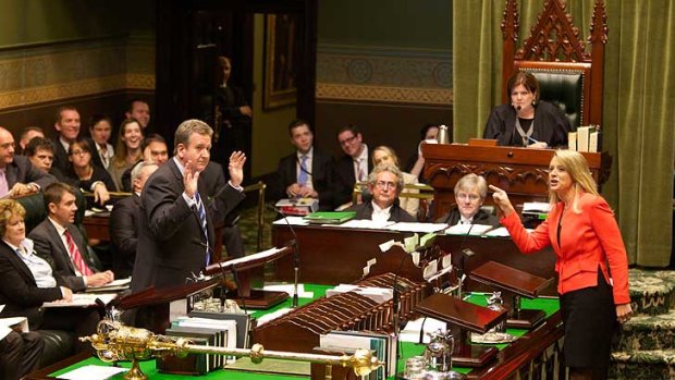 Divided ... Barry O'Farrell and Kristina Keneally at odds in Parliament.