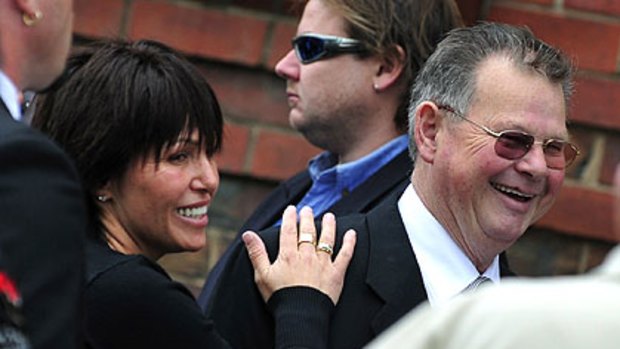 Saying goodbye: Roberta Williams, ex-wife of gangland killer Carl Williams with her former father-in-law George Williams.