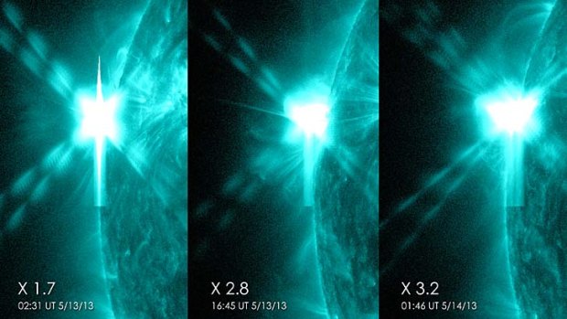 Three X-class flares the sun emitted in less than 24 hours on May 12-13, 2013.