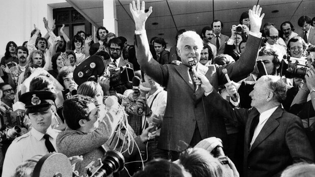 A man of grand gestures: Former Prime Minister Gough Whitlam on the steps of Parliament House after his dismissal in 1975.