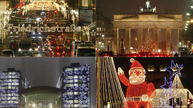 Beauty bright: Christmas lights illuminate Berlin landmarks, (clockwise from top left) Friedrichstrasse, the Brandenburg Gate, Kurfuerstendamm Avenue and the central railway  station.