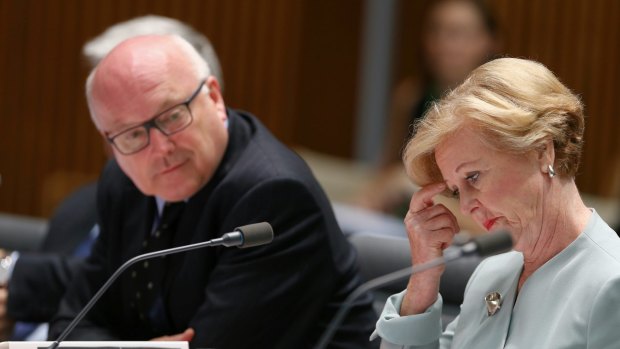 Attorney-General George Brandis and Australian Human Rights Commission President Professor Gillian Triggs during Tuesday's estimates hearing.