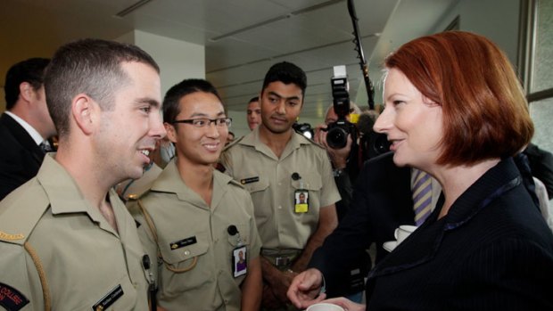 Prime Minister Julia Gillard meets army cadets from the Duntroon Royal military College.