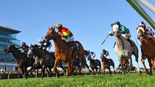 From left, Nash Rawiller on Fiorente, Nick Hall on Fawkner, Dwayne Dunn on Happy Trails (winner), Glen Boss on Puissance de Lune and Michael Walker on Hawkspur in the Turnbull Stakes.