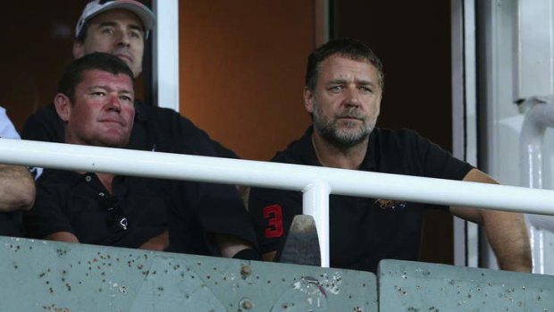 Team mates? James Packer with Souths co-owner Russell Crowe at last season’s Rabbitohs-Roosters season-opener.
