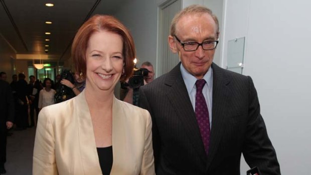 Gillard and Carr yesterday ... a PM triumphant, and a dream fulfilled for the new foreign minister.