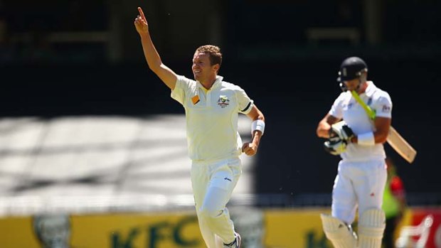 Peter Siddle celebrates the wicket of Kevin Pietersen.