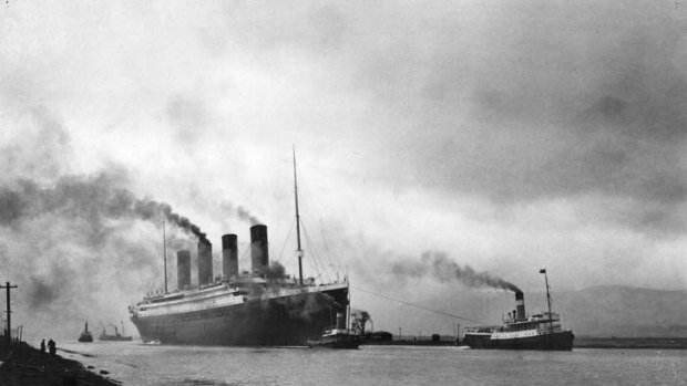 The SS 'Titanic', leaving Belfast to start her trials, pulled by tugs, shortly before her disastrous maiden voyage of April 1912.
