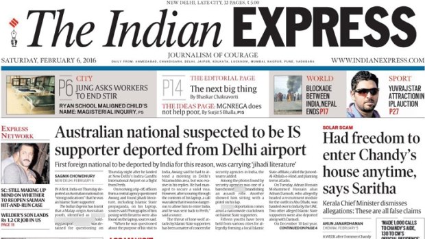The Indian Express front page detailing the WA man's deportation.