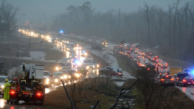 Traffic is blocked on US 98 East near Columbia, Mississippi, after a tornado touched down around 2.30 pm.