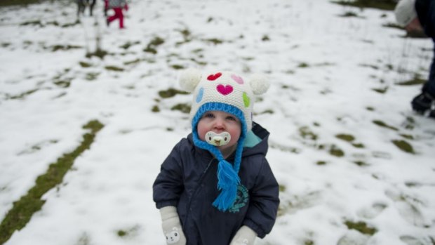 Eloise, 16 months, plays in the snow at Corin Forest.