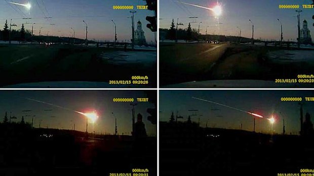 In this combination image made from frame grabs from a dashboard camera video, a meteor streaks through the sky over Chelyabinsk.