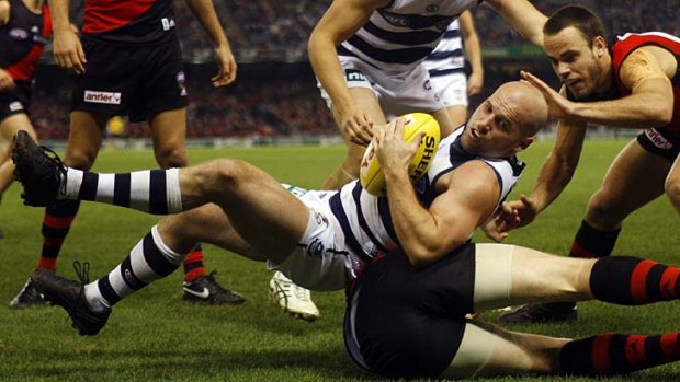 Former Geelong player Paul Chapman shows his rugged style in a game against the Bombers.
