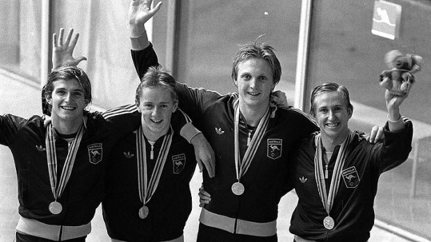A 17-year-old Neil Brooks (second from right) with his teammates after winning gold at the 1980 Moscow Olympics.