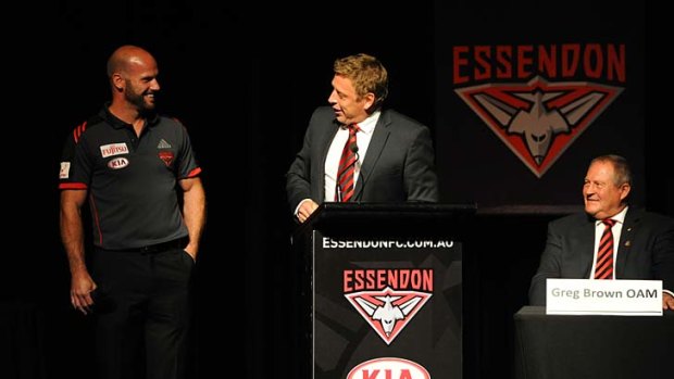 Caretaker Essendon coach Mark Thompson with Paul Chapman (left) at the Essendon annual meeting.