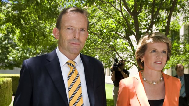 Tony Abbott and Julie Bishop during a press conference yesterday.