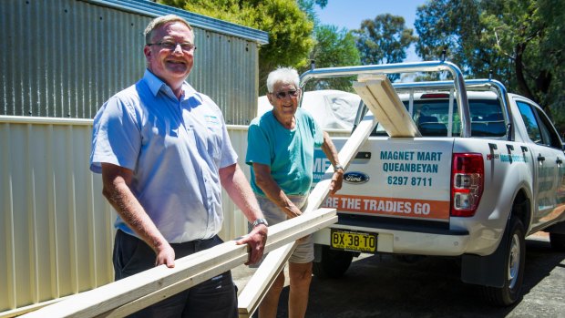 Toymaker John Fillery (right)l had a huge response to his call for timber including from Magnet Mart Queanbeyan's Andrew Busch who made a special delivery  on Thursday.