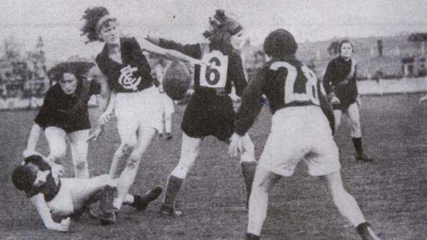 Team spirit: Action on the field in the 1933 Carlton v Richmond ladies game.