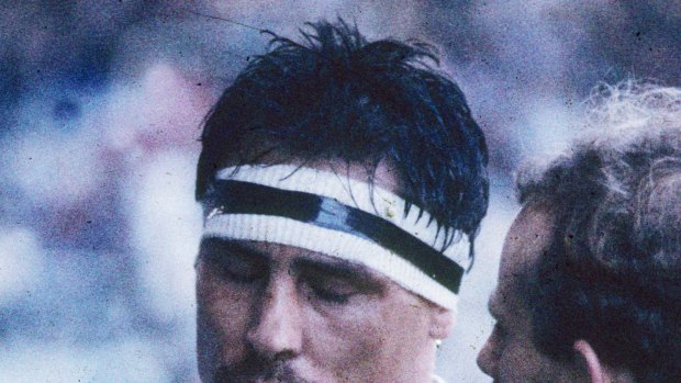 Brutal: All Blacks star Wayne Shelford leaves the field injured at the infamous 1986 'Battle of Nantes' test against France.