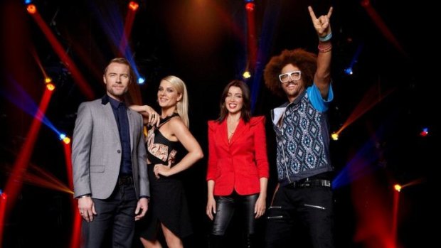 <i>X Factor</i> judges Ronan Keating, Natalie Bassingthwaighte, Dannii Minogue and Redfoo.