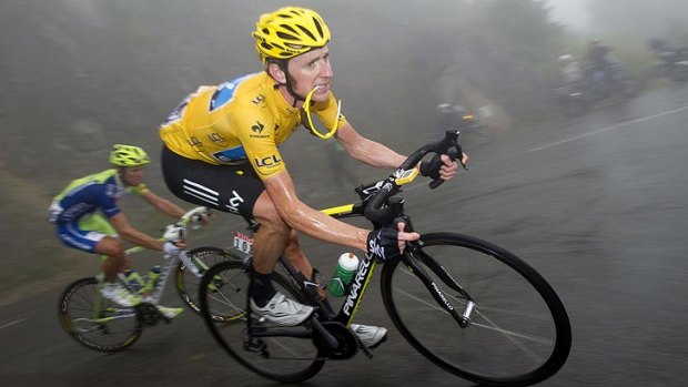 Bradley Wiggins in a downhill section of the 17th stage.