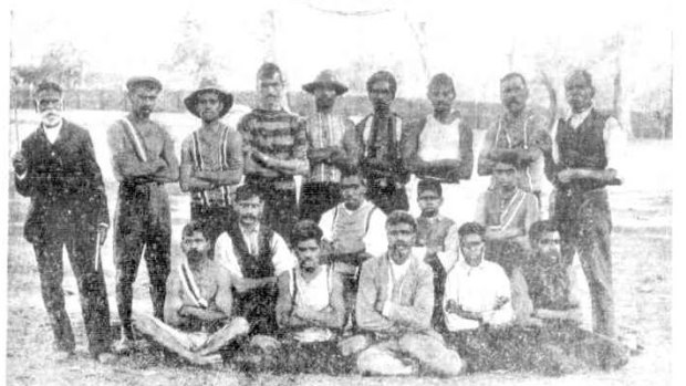 The Lake Tyres Aboriginal Station Australian rules football team, pictured in 1908.