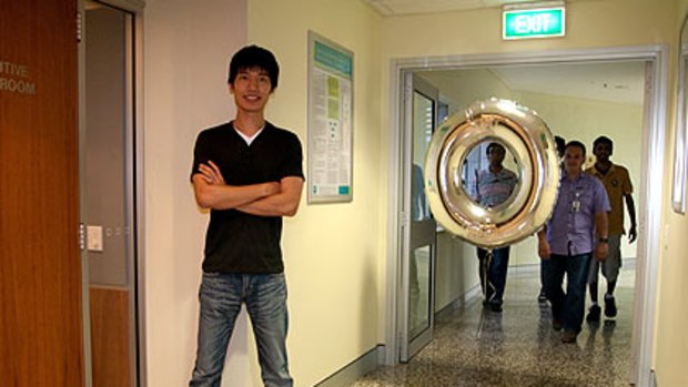 Bryan Huang’s doughnut blimp can direct visitors through buildings.