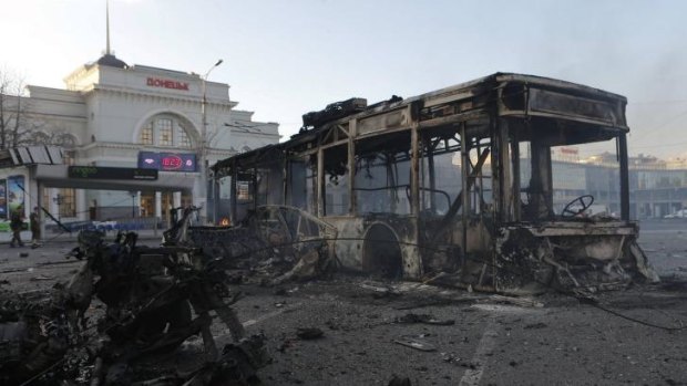 Burnt vehicles after recent shelling in Donetsk, eastern Ukraine. 