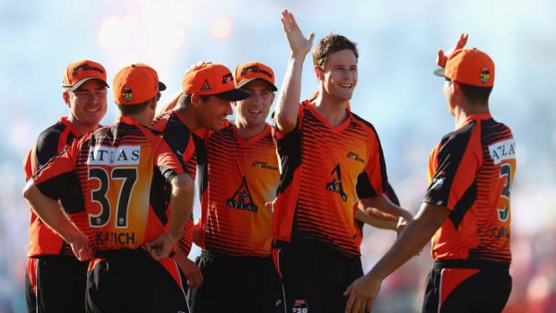 Jason Behrendorff of the Scorchers celebrates taking the wicket of Peter Forrest of the Heat during the Big Bash League final match on January 19, 2013 in Perth.