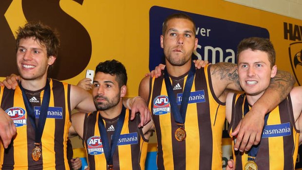 Hawks Grant Birchall, Paul Puopolo, Lance Franklin and Liam Shiels (left to right).