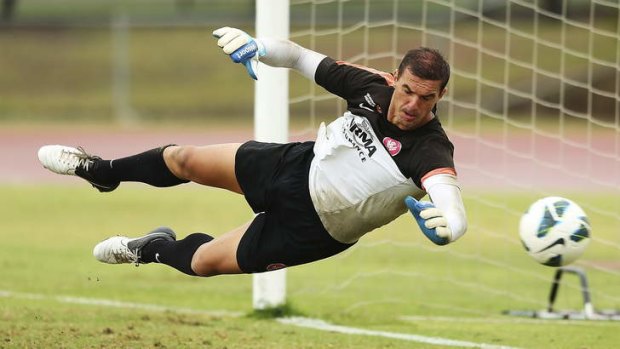It's just a dive to the left: Ante Covic, 38 in June, shows he still has a spring in his leap at Wanderers training this week.