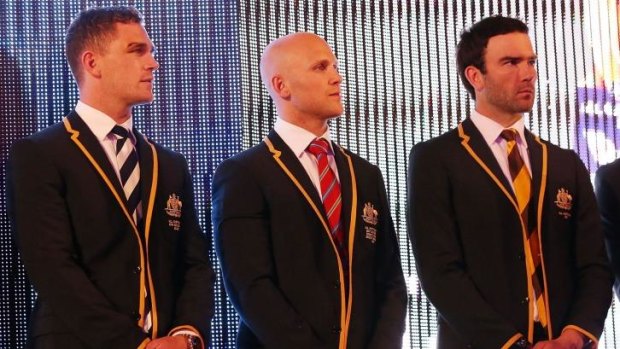 Joel Selwood, Gary Ablett and Jordan Lewis on stage after being announced in the All Australian team on Tuesday night.