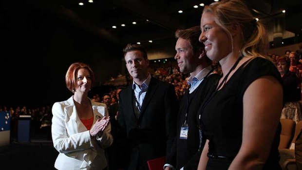 Julia Gillard  greets the Norwegian Labor delegation at the ALP conference in Sydney.