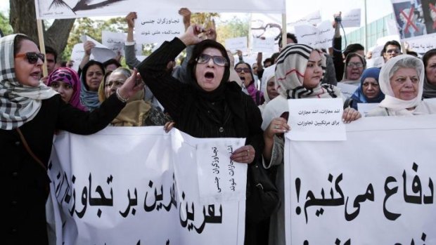 Civil society activists chant slogans during a rally against the Paghman district gang-rape incident, in Kabul, Afghanistan.