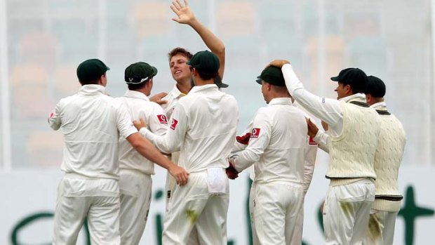 I'm ready for India ... James Pattinson being congratulated by teammates during the recent New Zealand series. He intends to stick with the formula that has brought him success so far against the Indians.